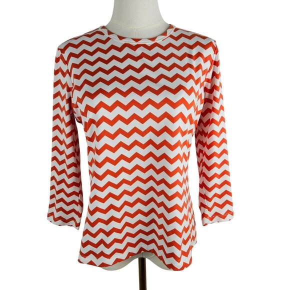 J. McLaughlin Top Medium Zigzag Pattern Orange White Catalina Cloth 3/4 Sleeves - Picture 1 of 9